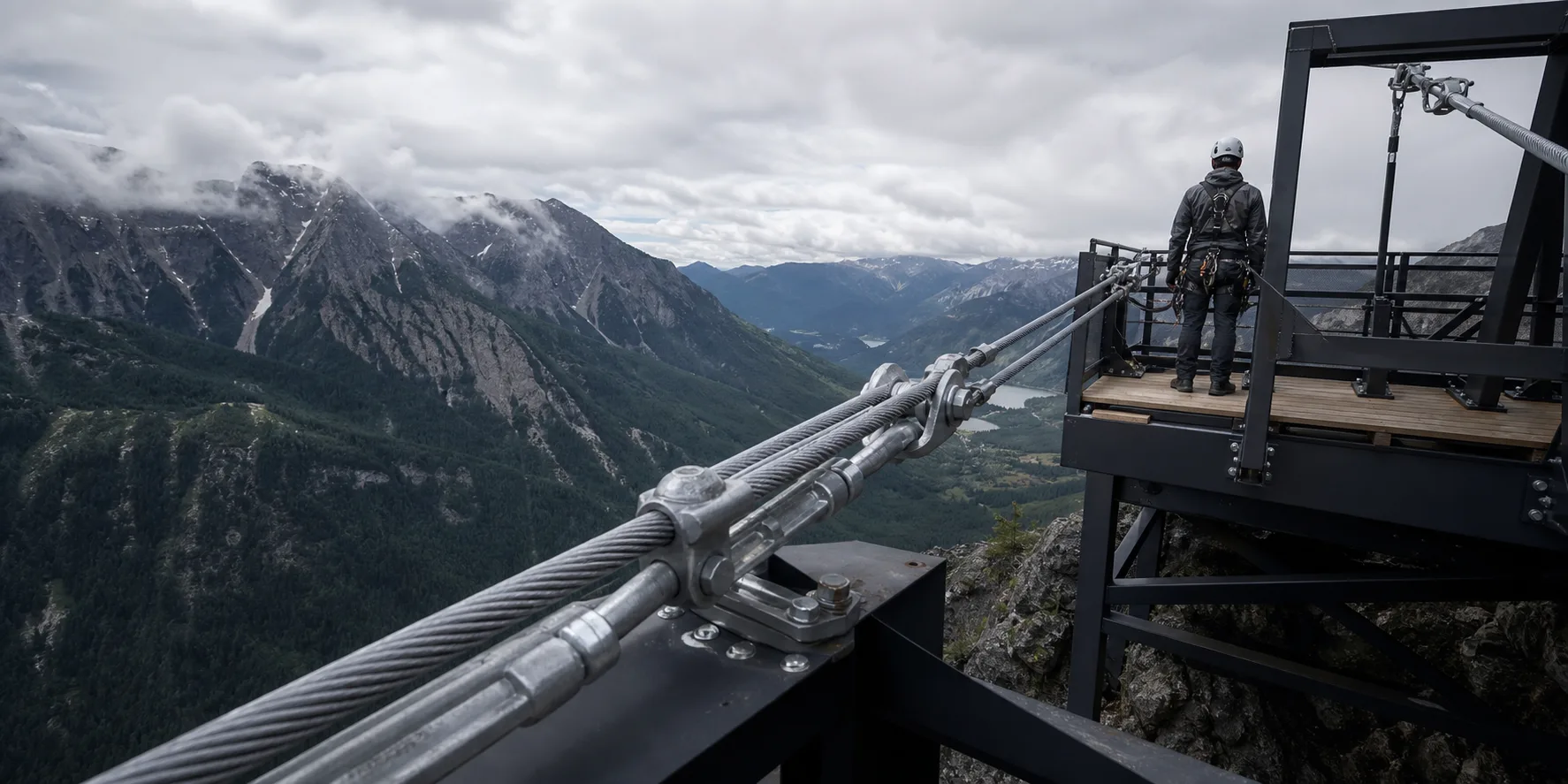 A safety engineer inspecting a mega zipline platform in an alpine valley